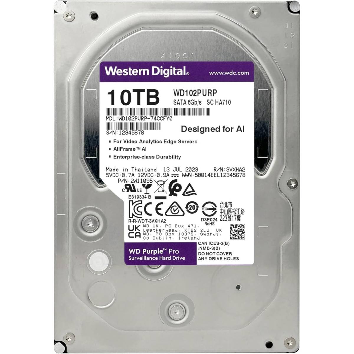 Western Digital WD Purple Pro 10TB Surveillance Hard Drive WD102PURP – 10TB, 7200RPM, SATA 6Gb/s, 512MB Cache, AllFrame AI, 3.5" Internal HDD