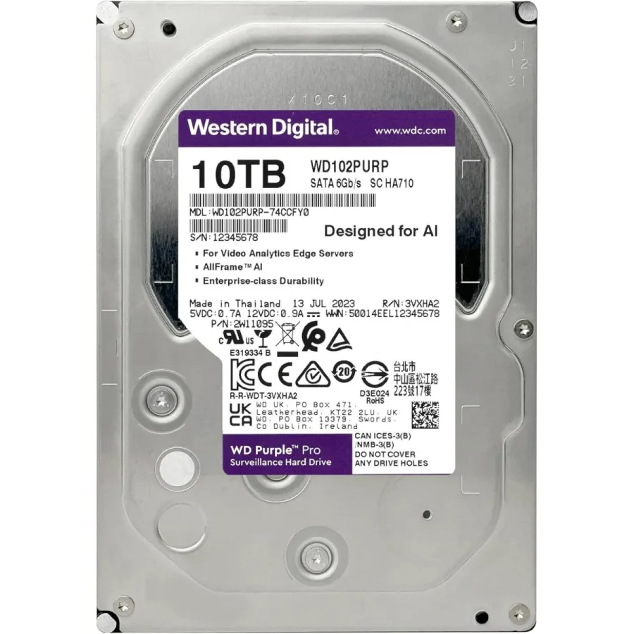 Western Digital WD Purple Pro 10TB Surveillance Hard Drive WD102PURP – 10TB, 7200RPM, SATA 6Gb/s, 512MB Cache, AllFrame AI, 3.5" Internal HDD