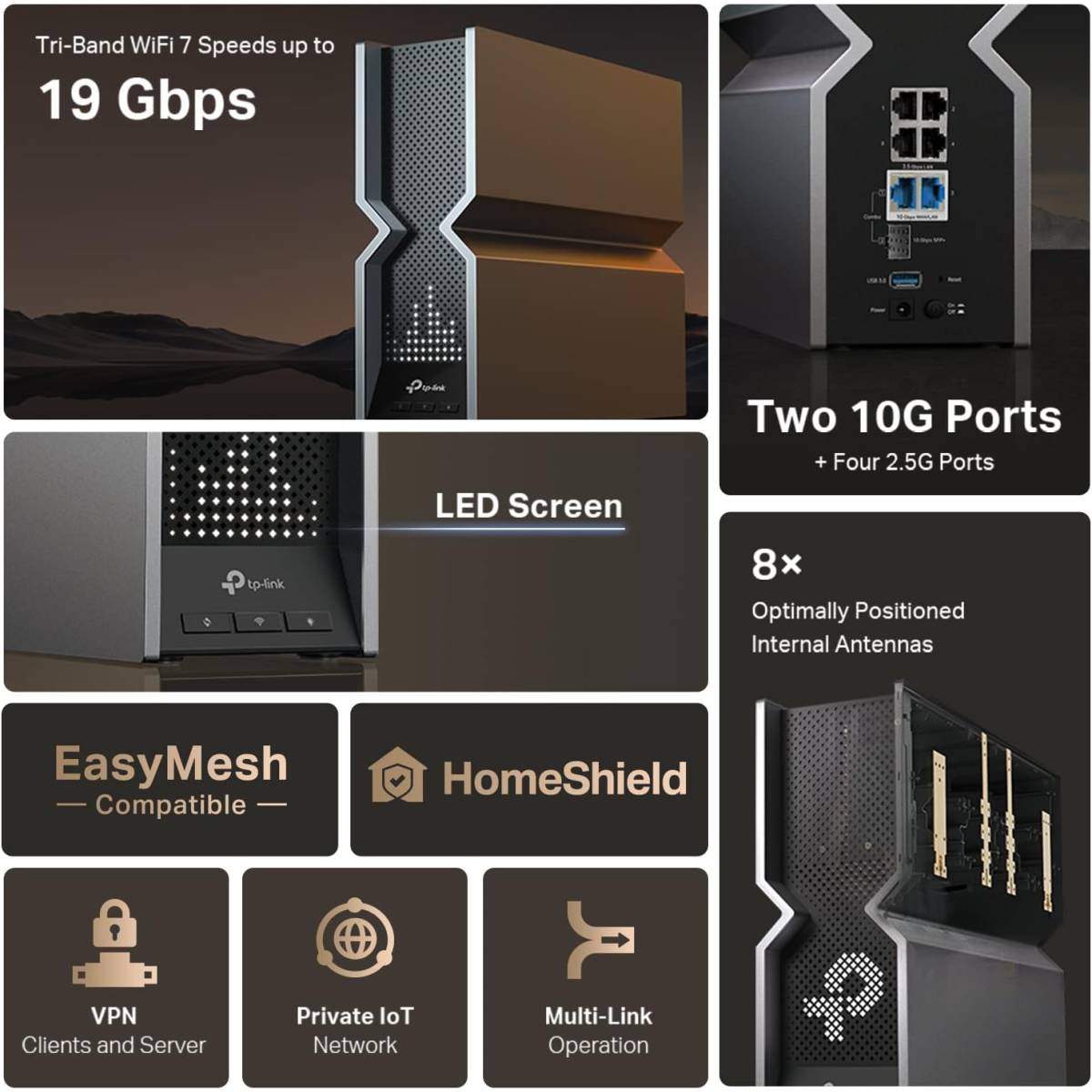 **TP-Link Archer BE800 WiFi 7 Router – Tri-Band BE19000 (19Gbps), 12-Stream, 2×10G + 4×2.5G Ports, LED Display, EasyMesh & HomeShield
