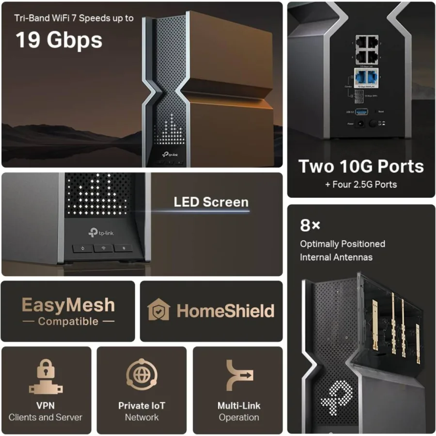 **TP-Link Archer BE800 WiFi 7 Router – Tri-Band BE19000 (19Gbps), 12-Stream, 2×10G + 4×2.5G Ports, LED Display, EasyMesh &amp; HomeShield