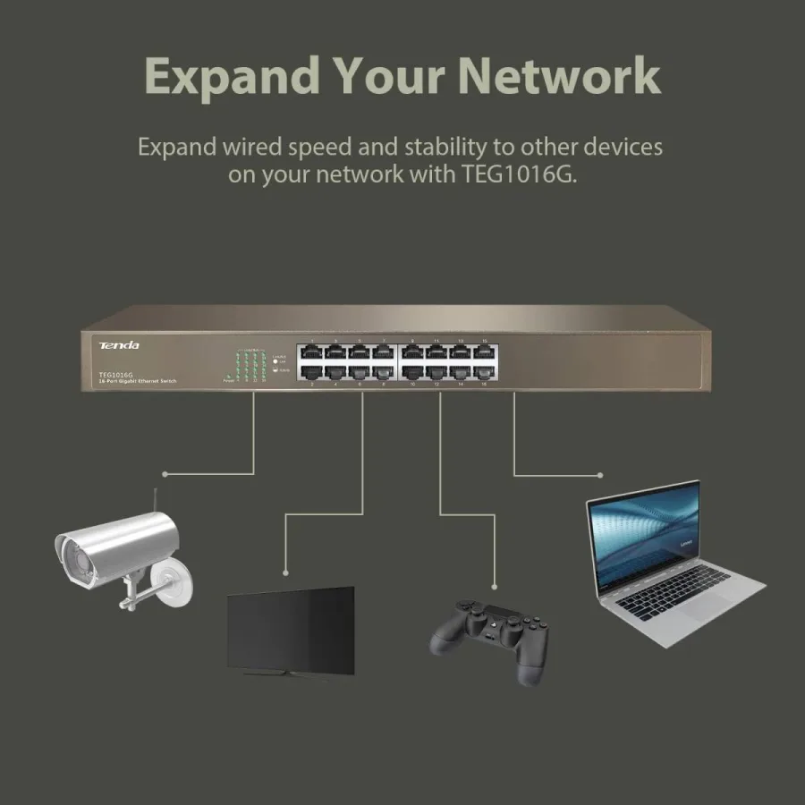 سويتش Tenda TEG1016G – 16 منفذ جيجابت غير مُدار، تصميم معدني بدون مروحة، Plug & Play