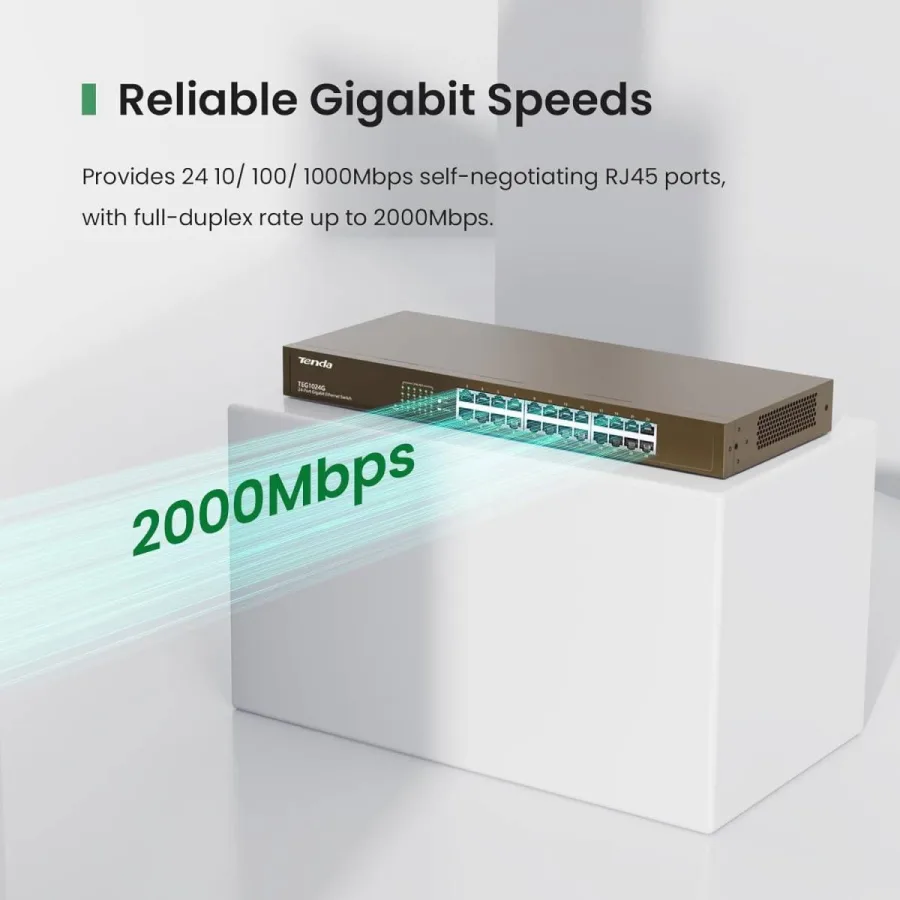 سويتش Tenda TEG1024G V9.0 – 24 منفذ جيجابت بسرعة عالية 48Gbps، Plug & Play للشبكات الاحترافية