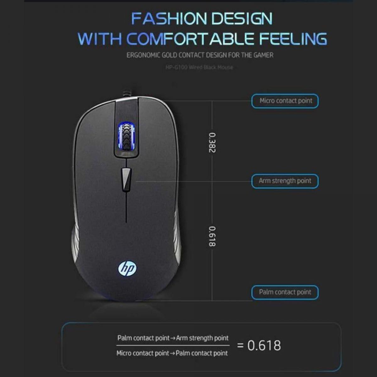 HP G100 Led Back Light Gaming Mouse, 800-2000DPI, USB, Optical, NOISE FILTER
