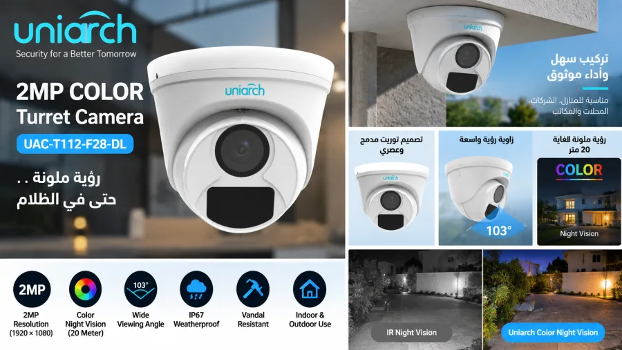 كاميرا مراقبة قبة توريت يونيارش Uniarch UAC-T112-F28-DL دقة 2 ميجابكسل تصوير ملون 20 متر إضاءة مزدوجة