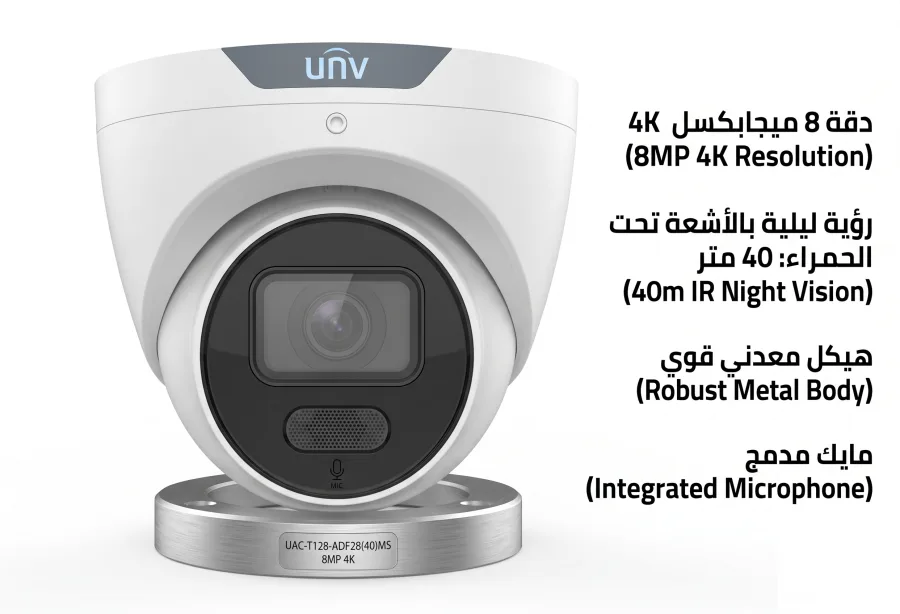 كاميرا مراقبة قبة توريت معدنية يونيارش Uniarch UAC-T128-ADF28(40)MS دقة 8 ميجابكسل 4K أشعة تحت الحمراء 40 متر بمايك مدمج