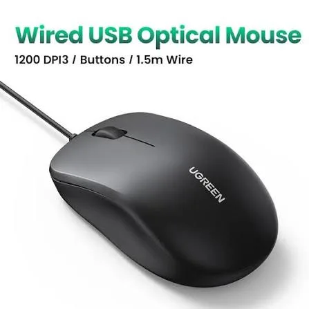 ماوس سلكي محمول USB يوجرين UGREEN MU007 بكابل بطول 1.5 متر ومفاتيح جانبية موديل 90789 (أسود)