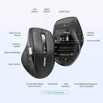 ماوس لاسلكي متعدد الأوضاع جديد يوجرين UGREEN M751 مع عجلة إبهام جانبية للتمرير الأفقي يدعم بلوتوث و2.4G موديل 45792 (أسود)