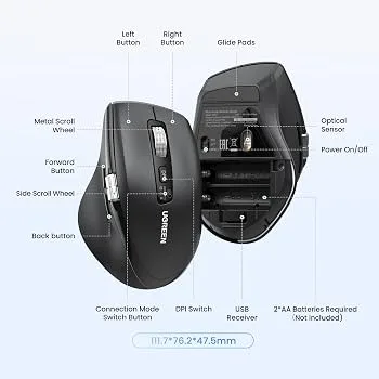 ماوس لاسلكي متعدد الأوضاع جديد يوجرين UGREEN M751 مع عجلة إبهام جانبية للتمرير الأفقي يدعم بلوتوث و2.4G موديل 45792 (أسود)