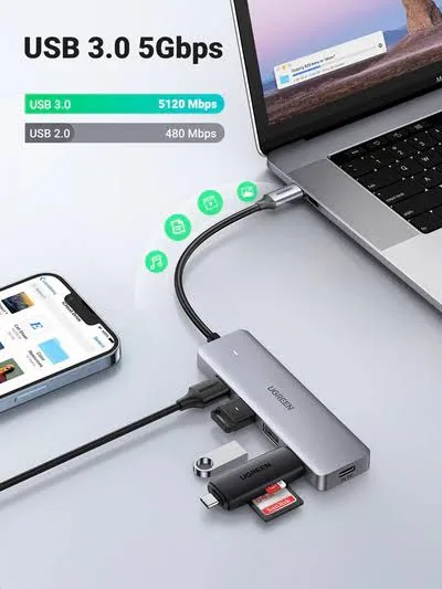 UGREEN CM219 USB-C to 4-Port USB 3.0 Hub up to 5Gbps with USB-C Power Supply Port (ABS Case + Metallic Paint) - Model 70336