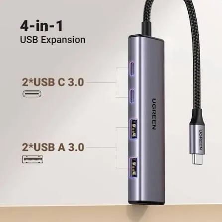 UGREEN CM473 USB-C to 2-Port USB-A + 2-Port USB-C Hub up to 5Gbps (Aluminium Case) - Model 15395