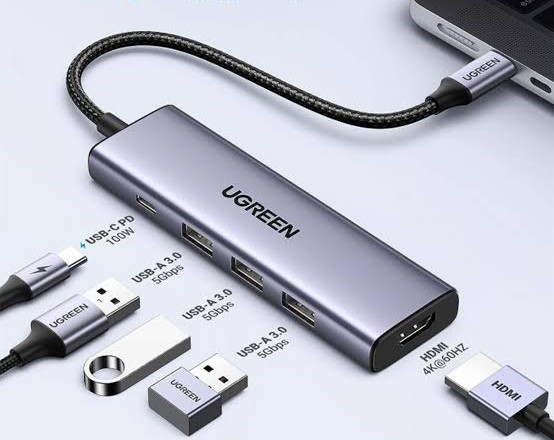محول وموزع يو إس بي سي 5 في 1 يوجرين UGREEN CM478 بدقة HDMI 4K@30Hz و3 منافذ USB 3.0 مع شحن PD موديل 35580 (أبيض كريمي)