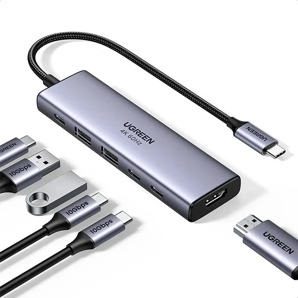 محول وموزع يو إس بي سي 6 في 1 فائق السرعة يوجرين UGREEN CM511 بدقة HDMI 4K@60Hz ومنافذ USB 3.2 بسرعة 10Gbps وشحن PD موديل 35999