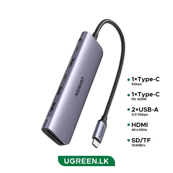 محول وموزع يو إس بي سي متعدد الوظائف يوجرين UGREEN CM129 يضم HDMI 4K@60Hz ومنفذي USB 3.0 ومنفذ USB-C وقارئ ذاكرة SD/TF مع شحن PD موديل 15214