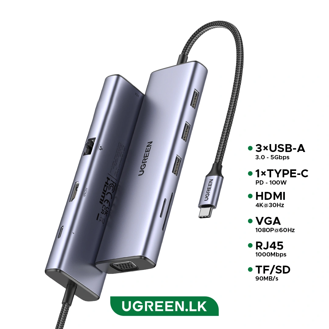 محول وموزع يو إس بي سي شامل يوجرين UGREEN CM408 يضم HDMI 4K@30Hz و VGA وشبكة RJ45 و3 منافذ USB 3.0 وقارئ بطاقات مع شحن PD موديل 15600