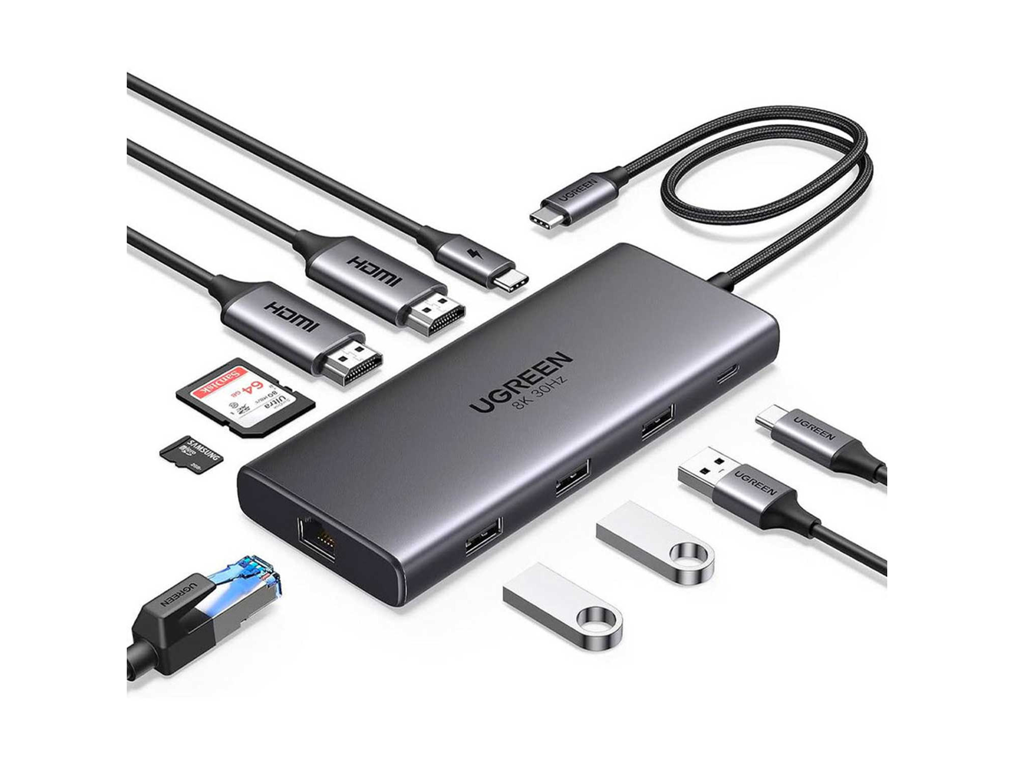 محطة توصيل وموزع يو إس بي سي 11 في 1 جديد يوجرين UGREEN CM859 يضم منافذ USB 3.2 و HDMI و VGA وشبكة جيجابت مع قارئ بطاقات ومنفذ AUX وشحن PD موديل 45520