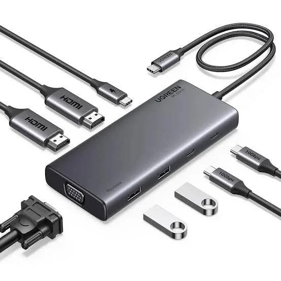 محول وموزع يو إس بي سي 8 في 1 يوجرين UGREEN CM859 يضم منفذي HDMI ومخرج VGA ومنافذ USB 3.2 فئة A و C مع شحن PD موديل 55588