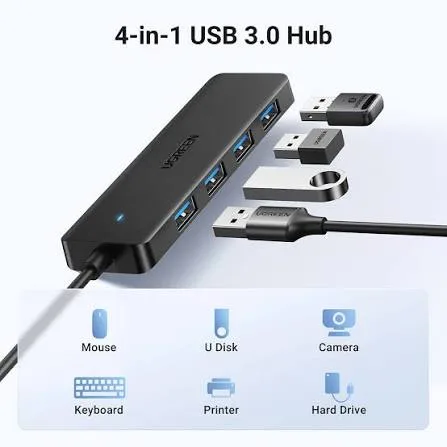 موزع يو إس بي UGREEN USB 3.0 يضم 4 منافذ USB-A عالية السرعة موديل 25851 (أسود)