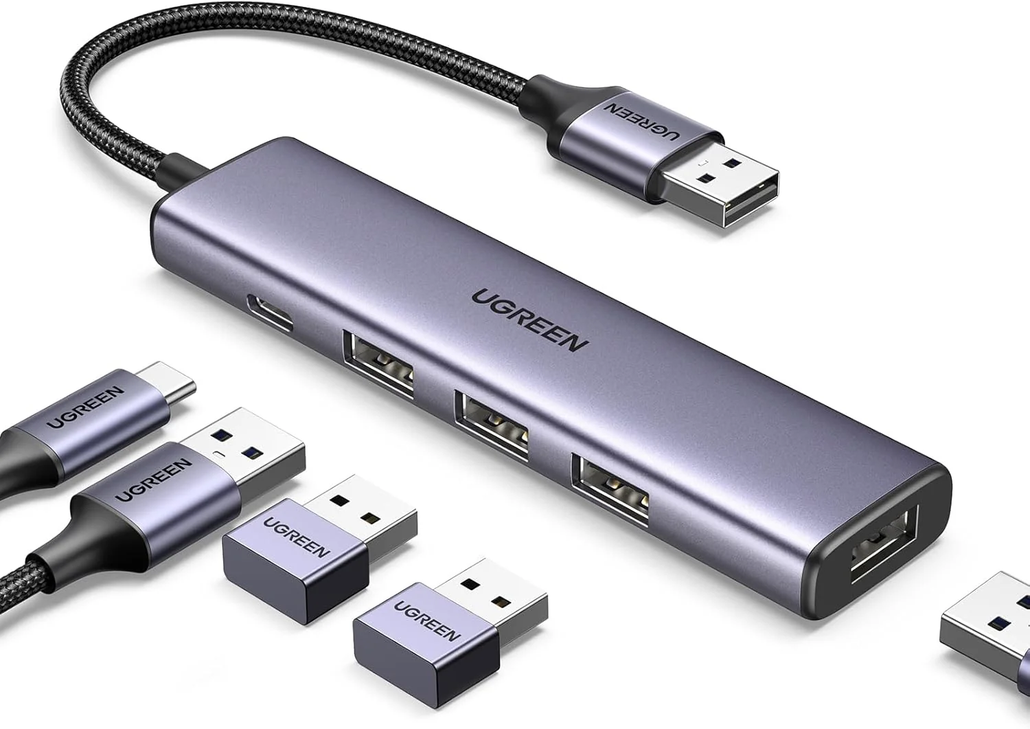 موزع يو إس بي 3.0 ألمنيوم يوجرين UGREEN يضم 4 منافذ USB 3.0 بكابل 20 سم مع منفذ طاقة Type-C موديل 20805