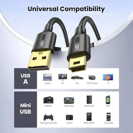 كابل يو إس بي 2.0 إلى ميني يو إس بي 5Pin يوجرين UGREEN برؤوس مطلية بالذهب بطول 0.25 متر موديل 10353 (أسود)