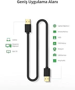 كابل يو إس بي UGREEN USB 2.0 من نوع A ذكر إلى A ذكر مزدوج بطول 1 متر موديل 10309 (أسود)