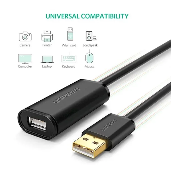 كابل تمديد يو إس بي نشط مكرر للإشارة يوجرين UGREEN USB 2.0 مزود بشريحة معالجة بطول 15 متراً موديل 10323 (أسود)