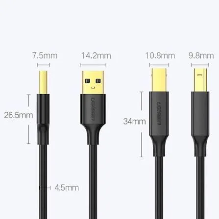 كابل طابعة وماسح ضوئي يو إس بي UGREEN USB 2.0 AM to BM برؤوس مطلية بالذهب بطول 1 متر موديل 20846 (أسود)