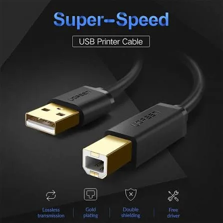 كابل طابعة وماسح ضوئي يو إس بي UGREEN USB 2.0 AM to BM برؤوس مطلية بالذهب بطول 5 أمتار موديل 10352 (أسود)