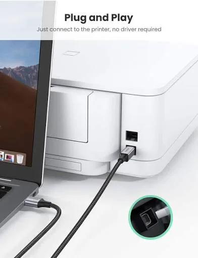 كابل طابعة وماسح ضوئي يو إس بي فاخر يوجرين UGREEN USB 2.0 AM To BM بهيكل ألمنيوم وسلك مضفر بطول 2 متر موديل 80803