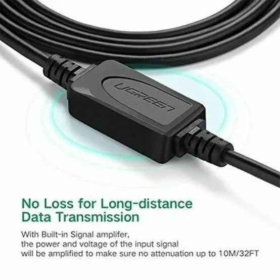 كابل طابعة يو إس بي نشط مكرر للإشارة يوجرين UGREEN USB 2.0 AM To BM مزود بشريحة تقوية بطول 10 أمتار موديل 10374 (أسود)