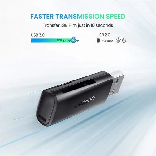 قارئ بطاقات ذاكرة يو إس بي 3.0 مزدوج SD و MicroSD يوجرين UGREEN مع غطاء حماية موديل 40752 (أسود)