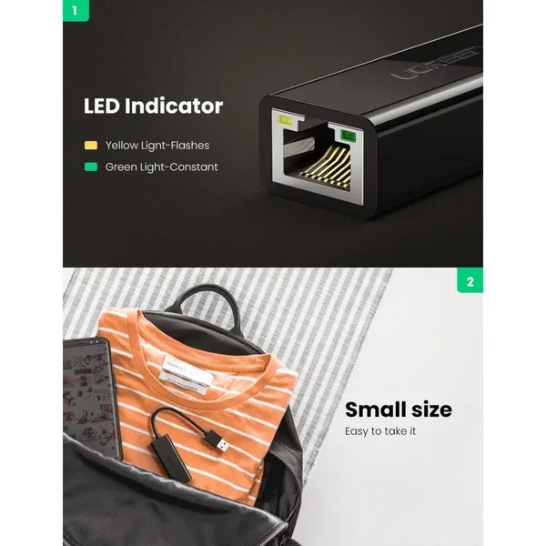 كرت ومحول شبكة يو إس بي 3.0 جيجابت إيثرنت 1000Mbps يوجرين UGREEN موديل 20256 (أسود)