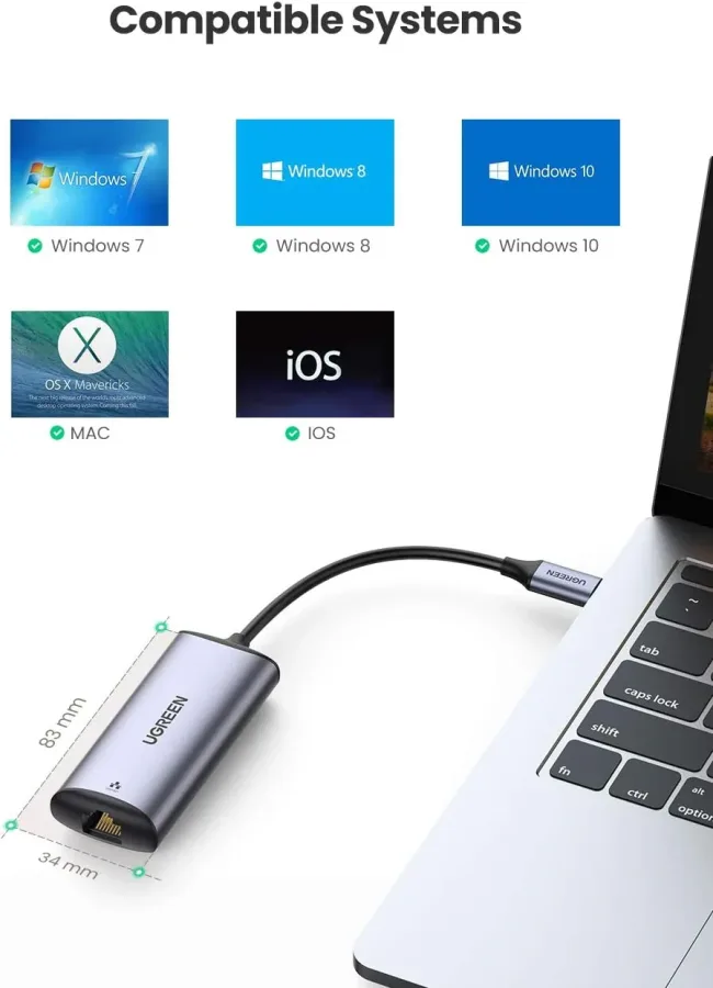 كرت ومحول شبكة يو إس بي سي إلى RJ45 فائق السرعة 2.5G يوجرين UGREEN بهيكل ألمنيوم موديل 70446 (رمادي فلكي)