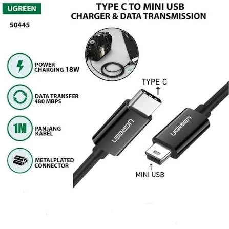 كابل يو إس بي سي إلى ميني يو إس بي 5Pin يوجرين UGREEN ذكر إلى ذكر بطول 1 متر موديل 50445 (أسود)