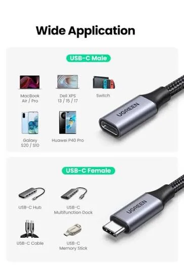 كابل تمديد يو إس بي سي فاخر مضفر يوجرين UGREEN الجيل الثاني Gen 2 بقوة 100W تيار 5A بطول 0.5 متر موديل 80810 (أسود)