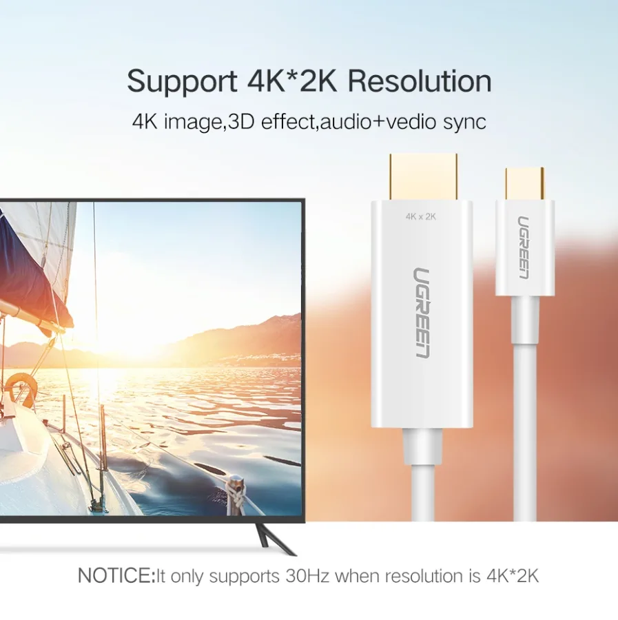 كابل عرض وشاشة يو إس بي سي إلى HDMI ذكر إلى ذكر يوجرين UGREEN بهيكل ABS بطول 1.5 متر موديل 30841 (أبيض)