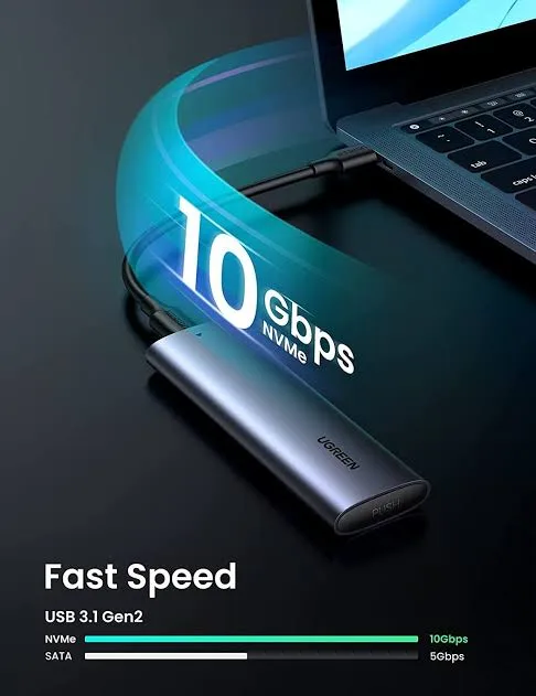 حاوية وكابينة قرص صلب يوجرين UGREEN M.2 NVMe M-Key بسرعة 10Gbps مع كابل C إلى C بطول 50 سم موديل 10902
