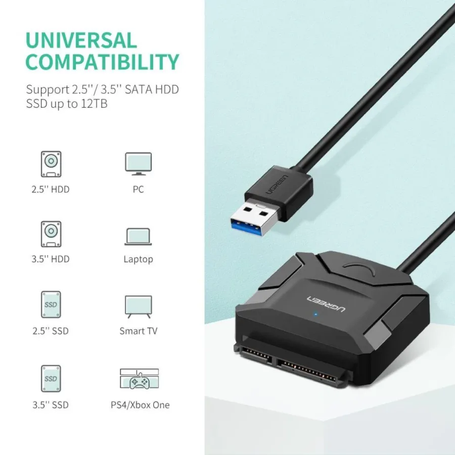محول وكابل يو إس بي إلى ساتا SATA يوجرين UGREEN مع محول طاقة جداري EU لأقراص 2.5 و 3.5 بوصة موديل 20611