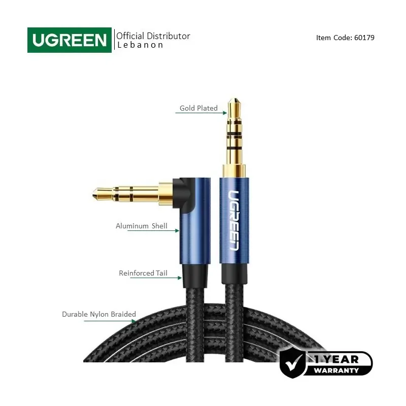 كابل صوت ستيريو AUX يوجرين UGREEN بزاوية 90 درجة رأس مائل وسلك مضفر (متوفر بعدة خيارات أطوال 1 متر، 1.5 متر، 2 متر) - أزرق وأسود