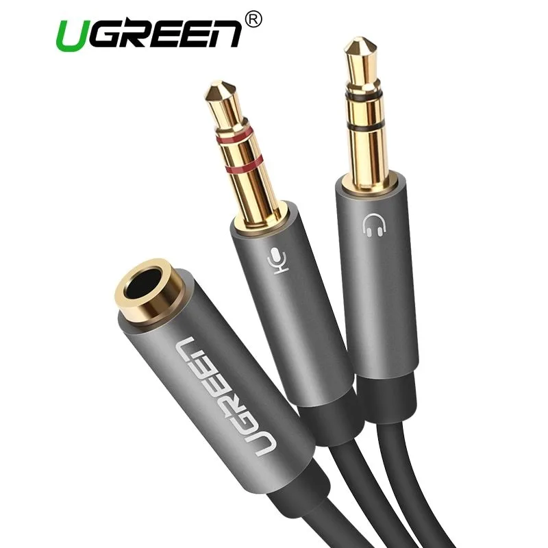 كابل ومحول صوت يوجرين UGREEN بمقبس 3.5 مم أنثى إلى مخرجين ذكر للكمبيوتر (سماعة + مايكروفون) بهيكل ABS وألمنيوم