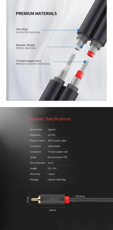 كابل صوت ستيريو يوجرين UGREEN بمقبس 3.5 مم ذكر إلى 2RCA ذكر بهيكل أسود كلاسيكي ومقابس مطلية بالذهب (متوفر بعدة خيارات أطوال من 0.5م إلى 5 أمتار)