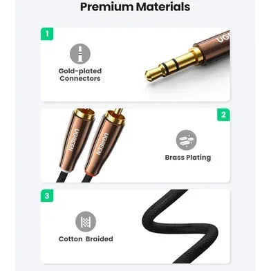 كابل صوت ستيريو فاخر يوجرين UGREEN بمقبس 3.5 مم إلى 2RCA بهيكل نحاسي وسلك مضفر (متوفر بعدة خيارات أطوال 1م، 2م، 3م)