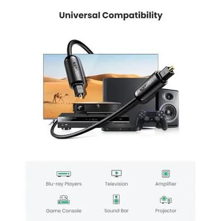 كابل صوت ألياف بصرية رقمي أوبتيكال يوجرين UGREEN Toslink SPDIF لنقل الصوت فائق النقاء (متوفر بعدة خيارات أطوال من 1م إلى 3 أمتار) - أسود