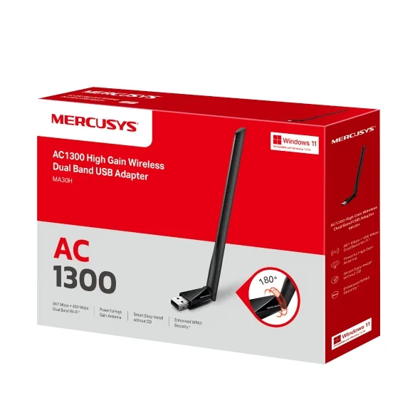 لاقط وكارت واي فاي يو إس بي ثنائي النطاق ميركوسيس MERCUSYS AC1300 بهوائي خارجي قوي عالي الكسب موديل MA30H