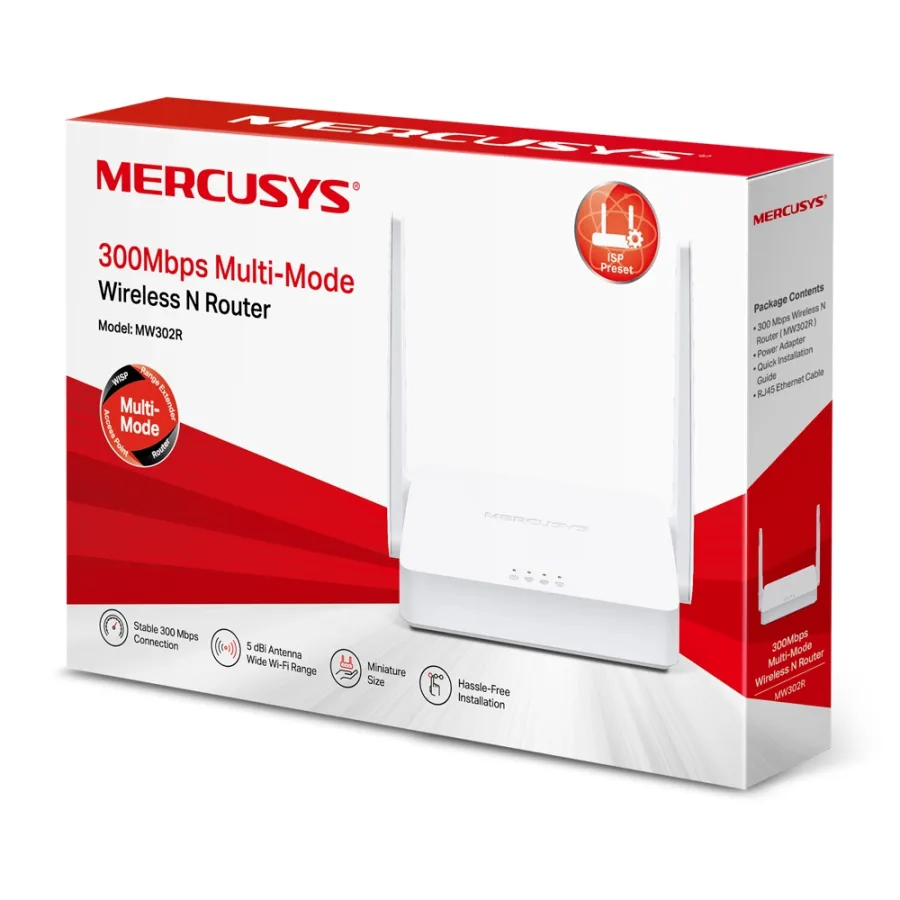 راوتر منزلي لاسلكي متعدد الأوضاع ميركوسيس MERCUSYS MW302R بسرعة 300Mbps بهوائيين خارجيين