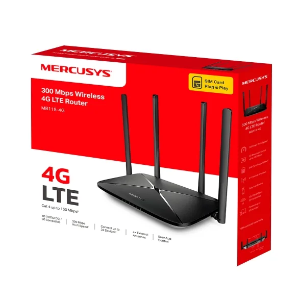 راوتر شريحة بيانات 4G LTE منزلي لاسلكي ميركوسيس MERCUSYS MB115-4G بسرعة 300Mbps بأربعة هوائيات
