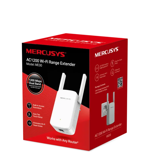 مقوي وموسع نطاق الواي فاي ثنائي النطاق ميركوسيس MERCUSYS ME30 بسرعة AC1200 مع منفذ شبكة LAN
