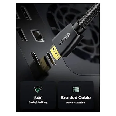 كابل شاشة HDMI 2.0 فاخر يوجرين UGREEN بهيكل معدني وسلك نايلون مضفر يدعم 4K @ 60Hz مع HDR (متوفر بعدة خيارات أطوال من 1م إلى 15 متراً) - أسود