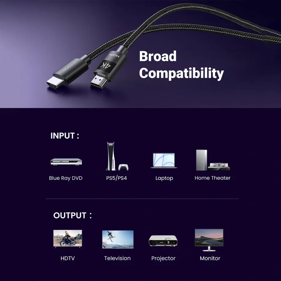 كابل شاشة وعرض HDMI يوجرين UGREEN بسلك مضفر متين يدعم دقة 4K مع HDR (متوفر بعدة خيارات أطوال من 1م إلى 10 أمتار) - أسود