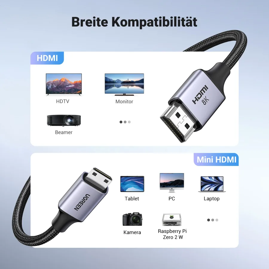 كابل شاشة ميني إتش دي إم آي Mini HDMI إلى HDMI قياسي فائق الدقة 8K يوجرين UGREEN بهيكل ألمنيوم (متوفر بطول 1م و 2م)