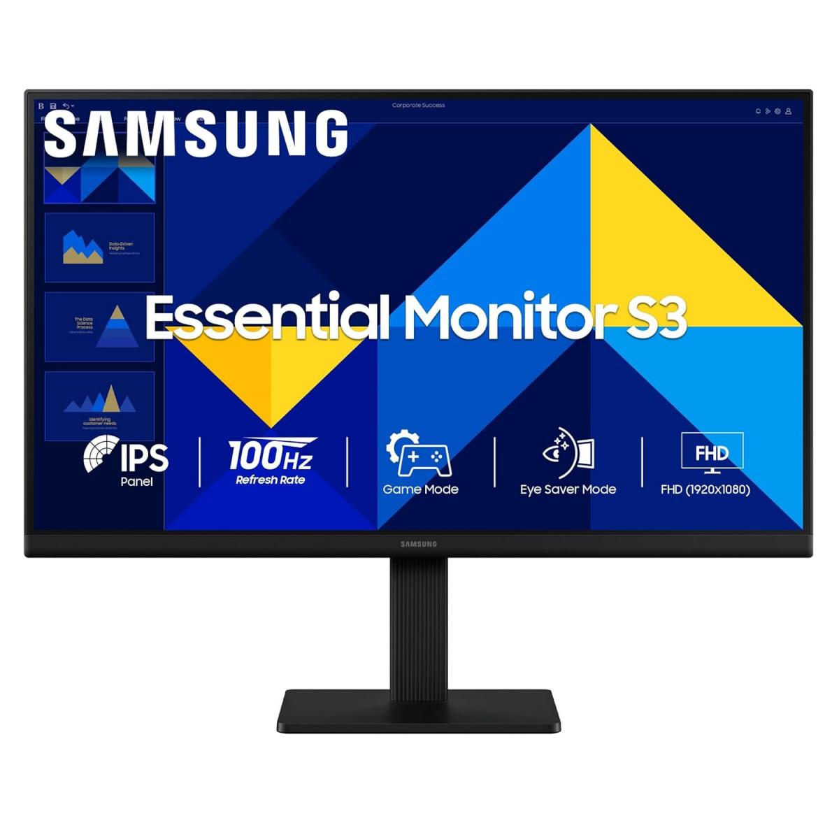 Samsung Essential Series S3 D300 Monitor – 24" Full HD IPS Monitor, 100Hz, 5ms, Super Slim Design, HDMI &amp; VGA